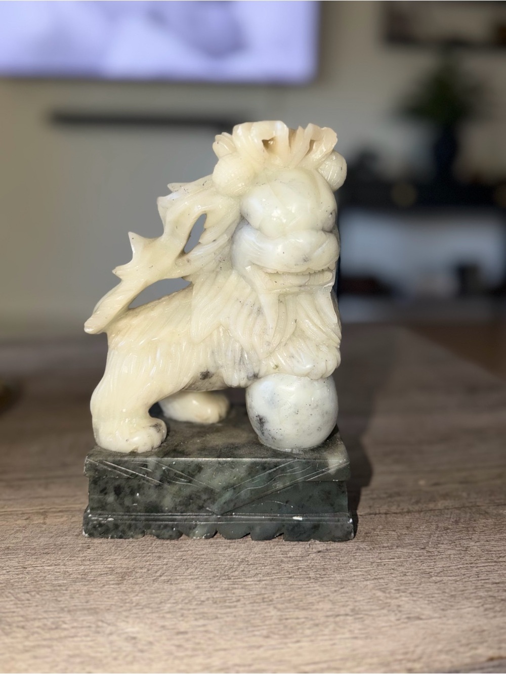 Vintage Hand Carved Stone Foo Dog Guardian Lion Statue on Green Marble Base